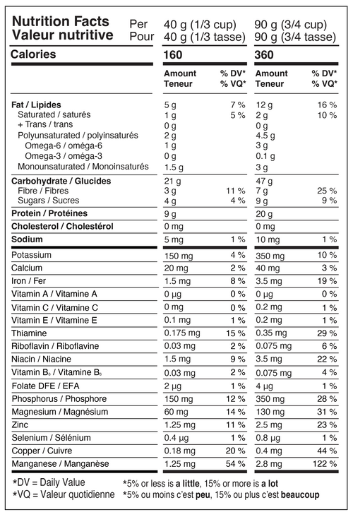 Bulk nutrition fact per 90g. calories:360, fat:12g, carbohydrates:47g, protein:20g, cholesterol: 0mg, Sodium: 10mg